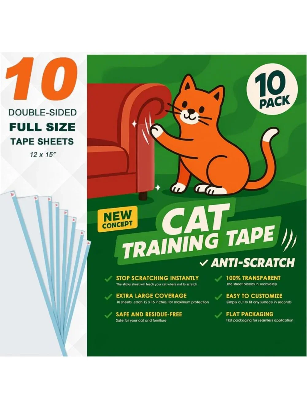 Double-Sided Cat Scratch Deterrent Tape – 10 Anti-Scratch Sticky Strips for